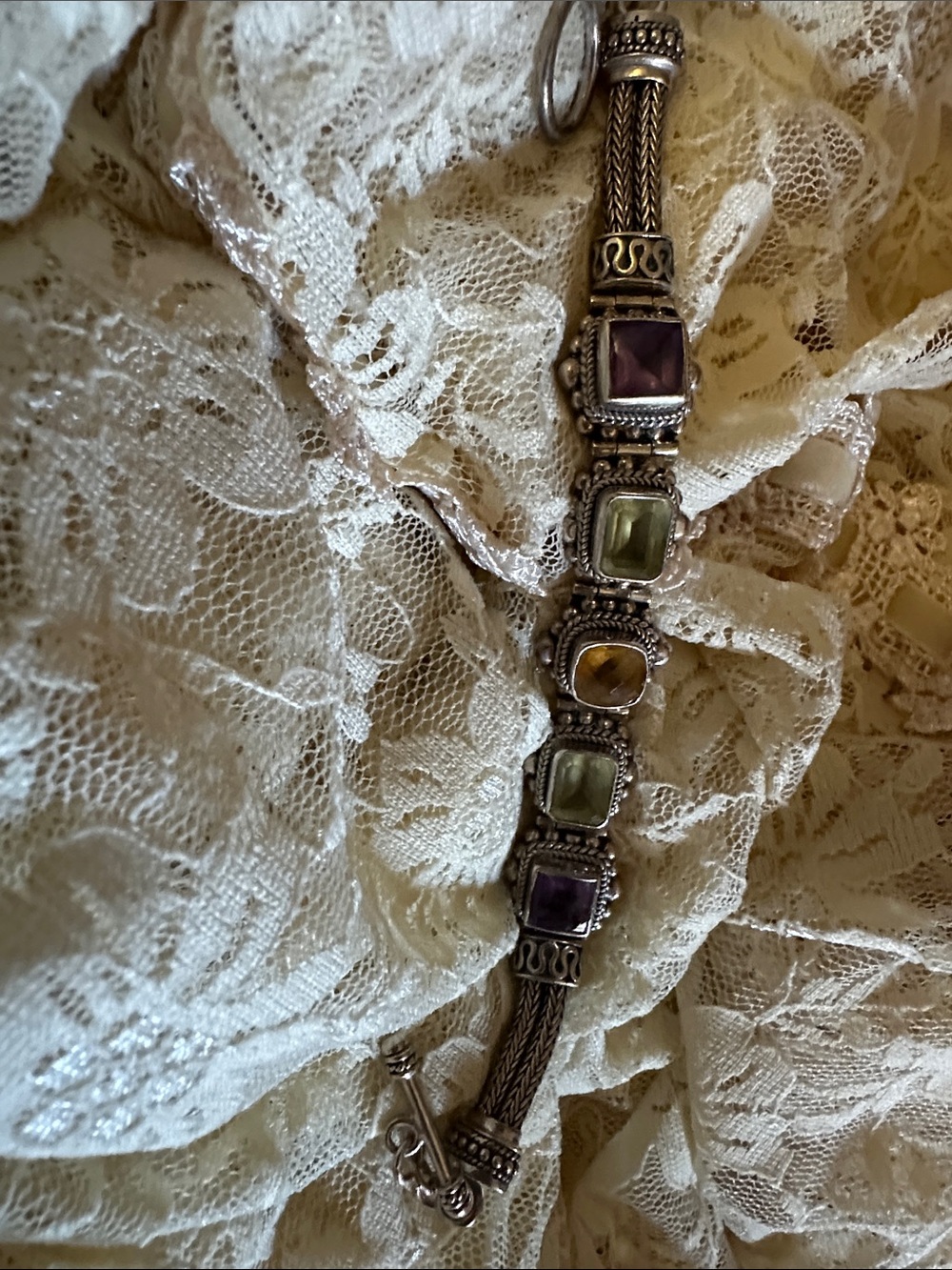 Sterling-Inspired Multi-Gem Bracelet with Purple and Green Stones